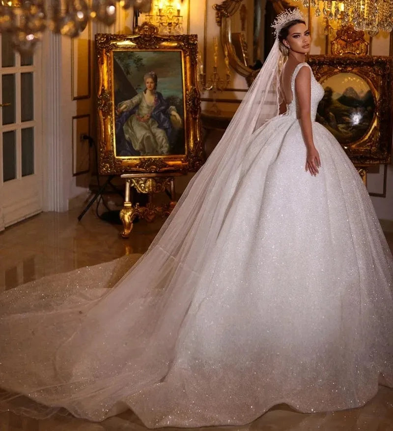 Gorgeous church wedding dress 2026 square neck straps beading pearls sequins backless Dubai bridal gown