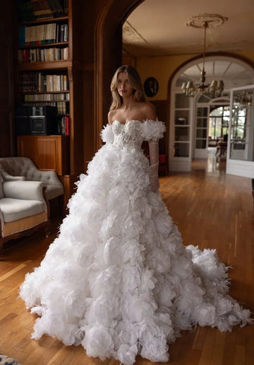 Customized Sharon Said Luxurious Off Shoulder White Satin Wedding Dress Romantic 3D Flowers Long Glove Bride Gowns
