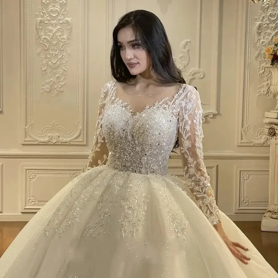 customized Luxury 2026 Wedding Dress Illusion Neck Long Sleeves Lace Appliques Beads Bride Gowns Robe Mariage Vestidos De Novia