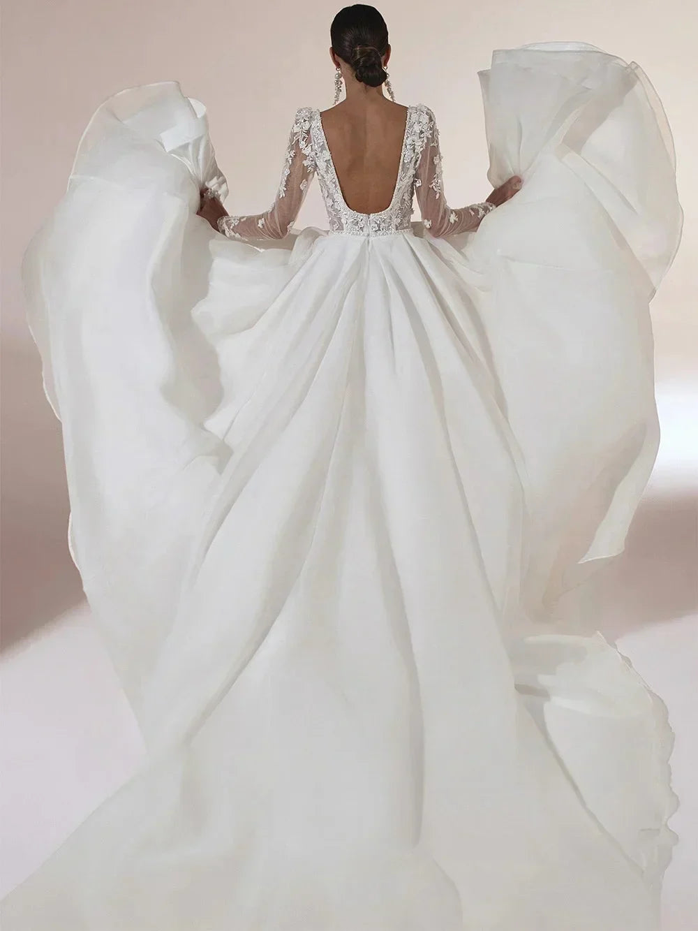 Square Collar Backless A Line Organza Long Sleeves Wedding Dresses Appliques - Image 2