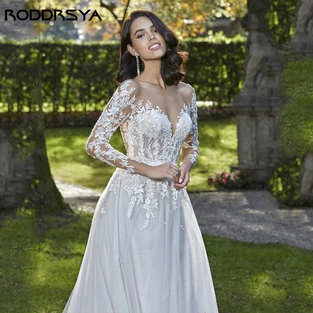 RODDRSYA Elegant Long Sleeves Wedding Dress Sexy Backless Tulle Bridal Gowns Lace Applique A-Line O-Neck Vestido De Noiva