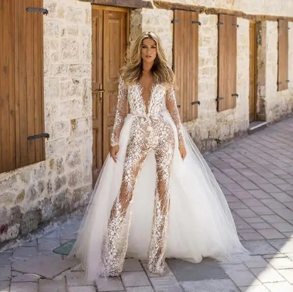 Lace Wedding Jumpsuit Wedding Dresses A-line Long Sleeves Tulle Boho Wedding Gown Bridal Jumpsuit Vestidos De Novia black