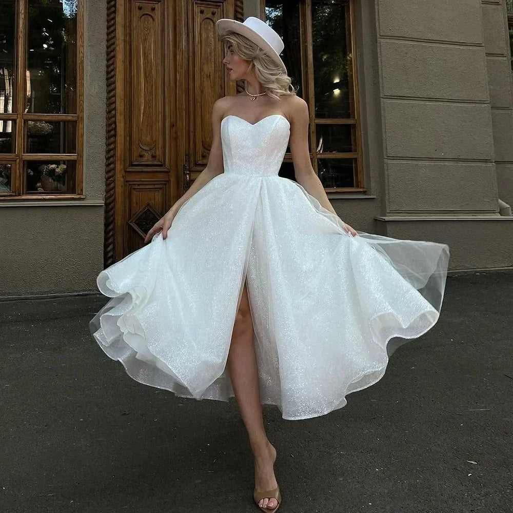 Glitter sequins wedding dress with pockets tea-length tulle bride party strapless slit bridal gown