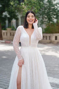 Long sleeve beach plus size V-neck glitter high split backless sequined floor length bridal gown side view