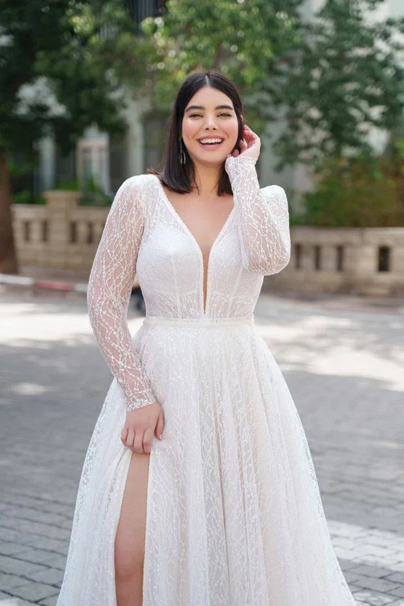 Long sleeve beach plus size V-neck glitter high split backless sequined floor length bridal gown side view