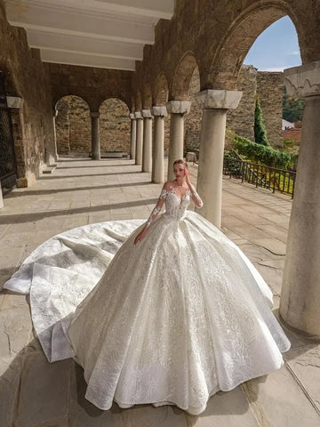 Customized Vintage Puffy Ball Gown Wedding Dress With Lace Appliques O-Neck Full Sleeves Bridal Gowns Vestido De Novia