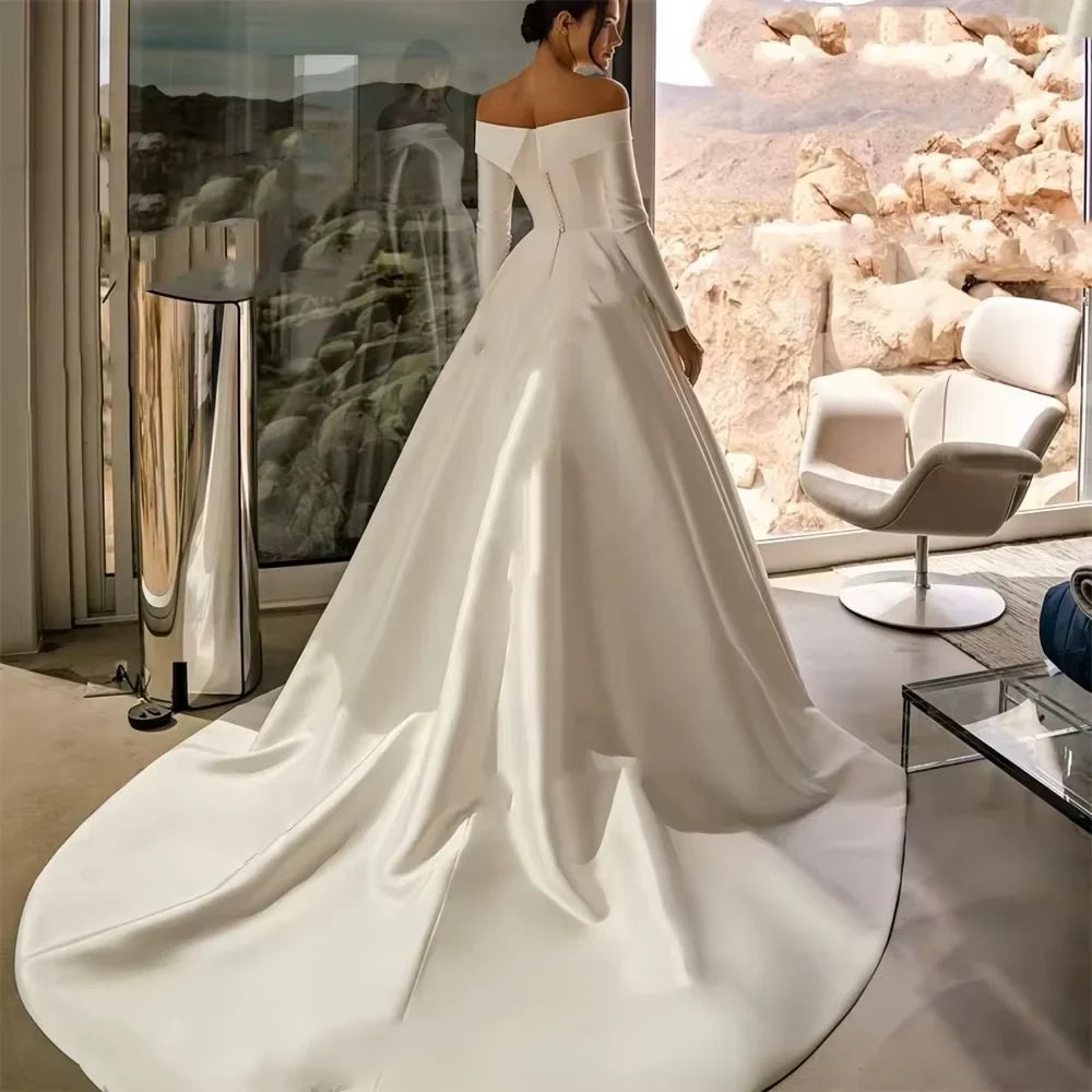 Customized Satin Long Sleeves Wedding Dress Off Shouder A Line Bride Dress Sweep Train Bridal Gown vestido de novia