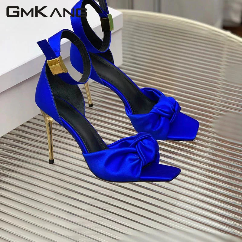 Round heels satin crystal studded ankle strap high heels summer runway sandals women side view