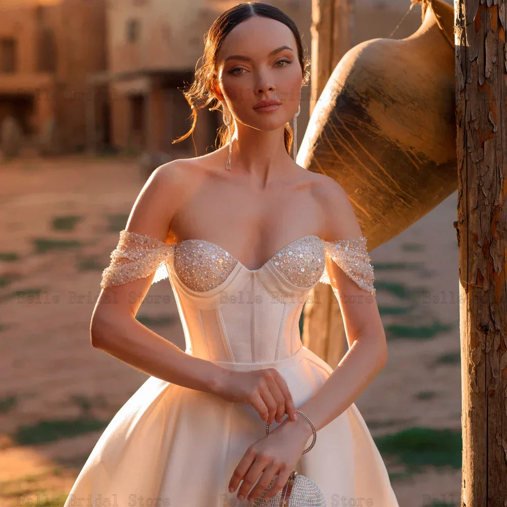 Exquisite Wedding Dresses Off the Shoulder A-Line Bridal Ball Gowns Sweetheart Neck with Sequined Pearls Satin Robe De Mariée