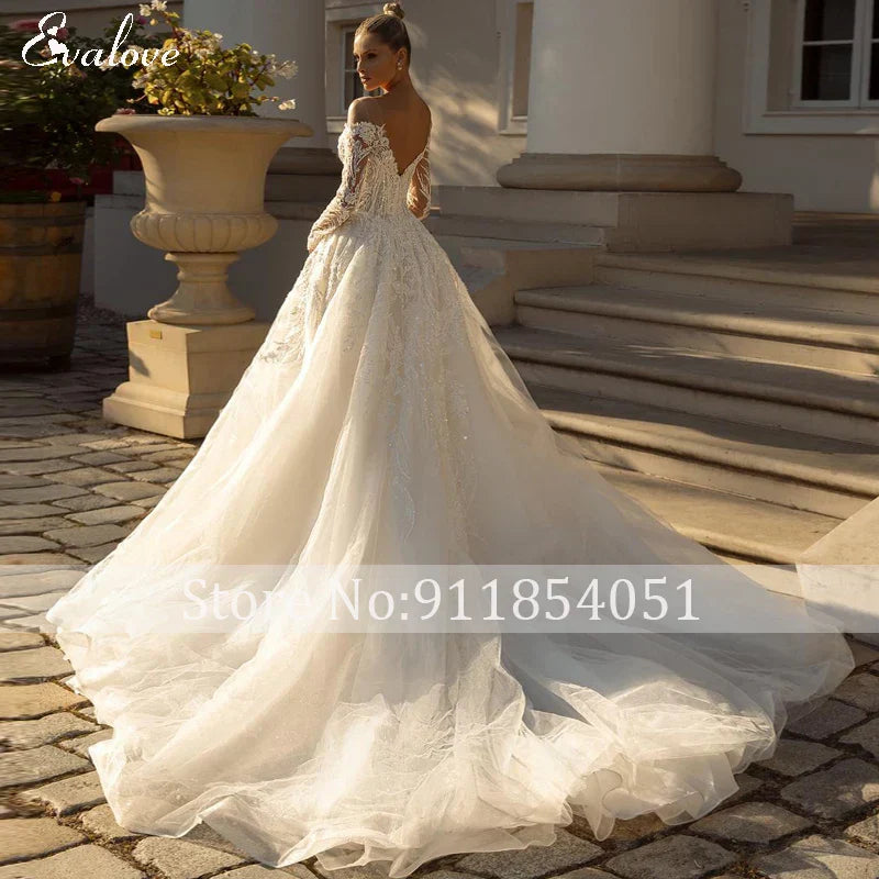 Vestido De Noiva Luxury Beading Appliques A-Line Wedding Dress Classic Scoop Neck Zipper Long Sleeve Princess Bridal Gown