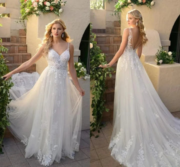 Elegant tulle applique V-neck backless lace romantic beach garden wedding dress plus size sexy robe Mary Reception bridal dress