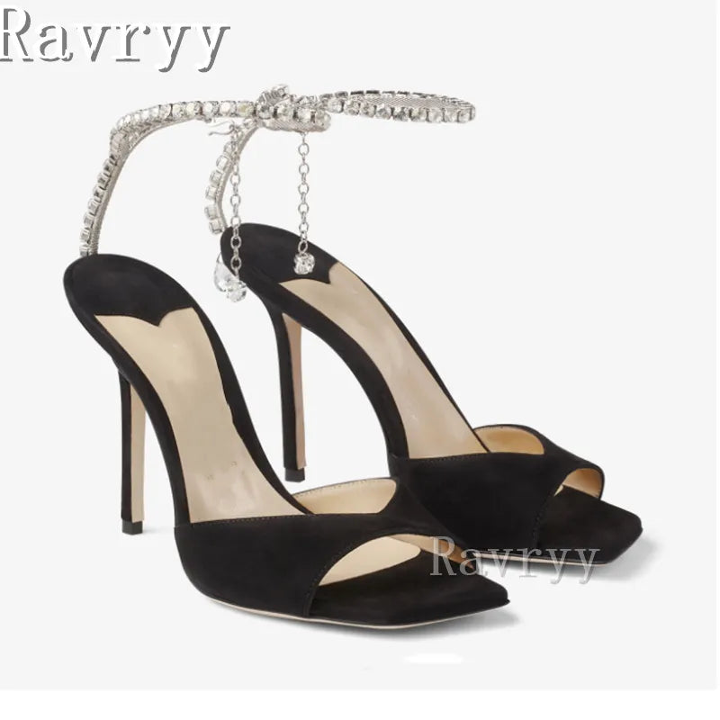 Ankle strap crystal chain satin square open toe luxury thin high heel wedding bride shoes back