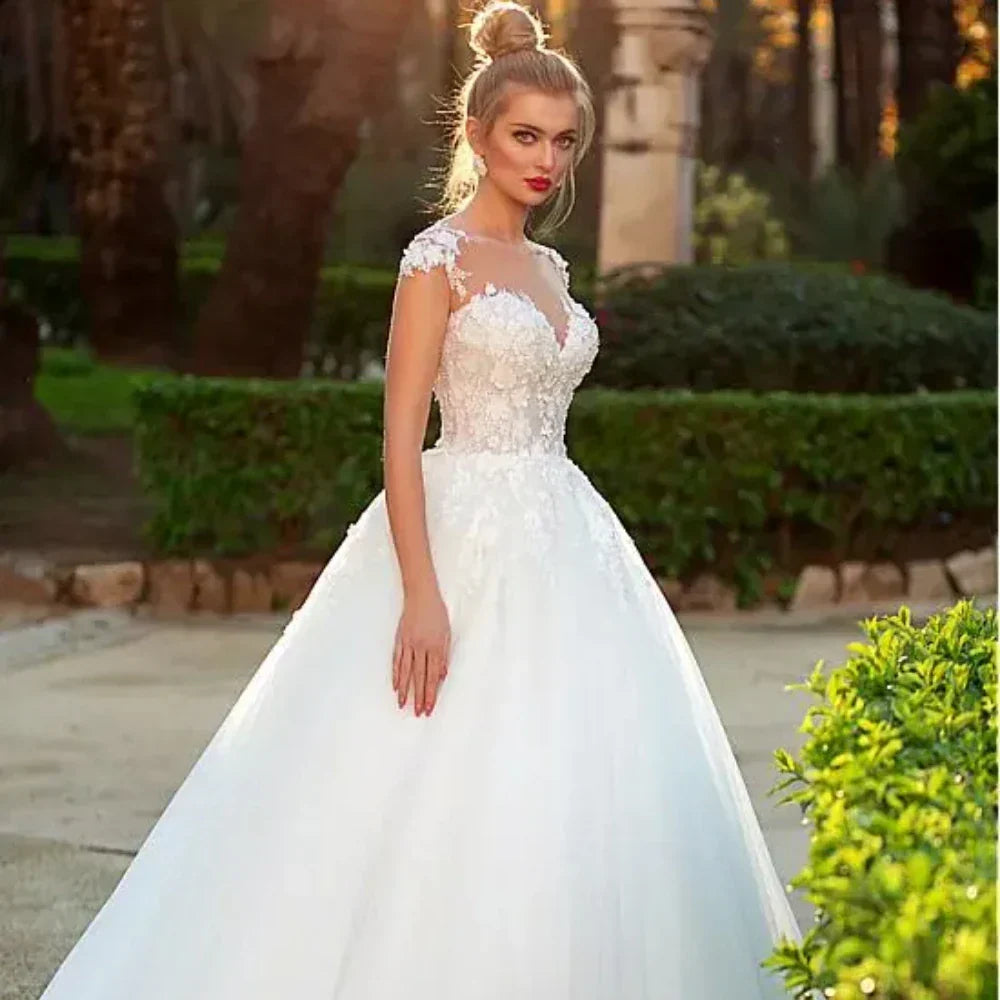 Custom made illusion O-neck white appliques buttons back court train bridal gown front view