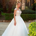 Custom O-neck illusion white appliques buttons back court train bridal gown size chart