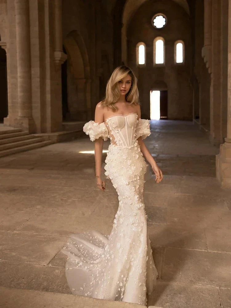 Lace appliques off-shoulder boat neck elegant puff sleeves mermaid wedding dress back view