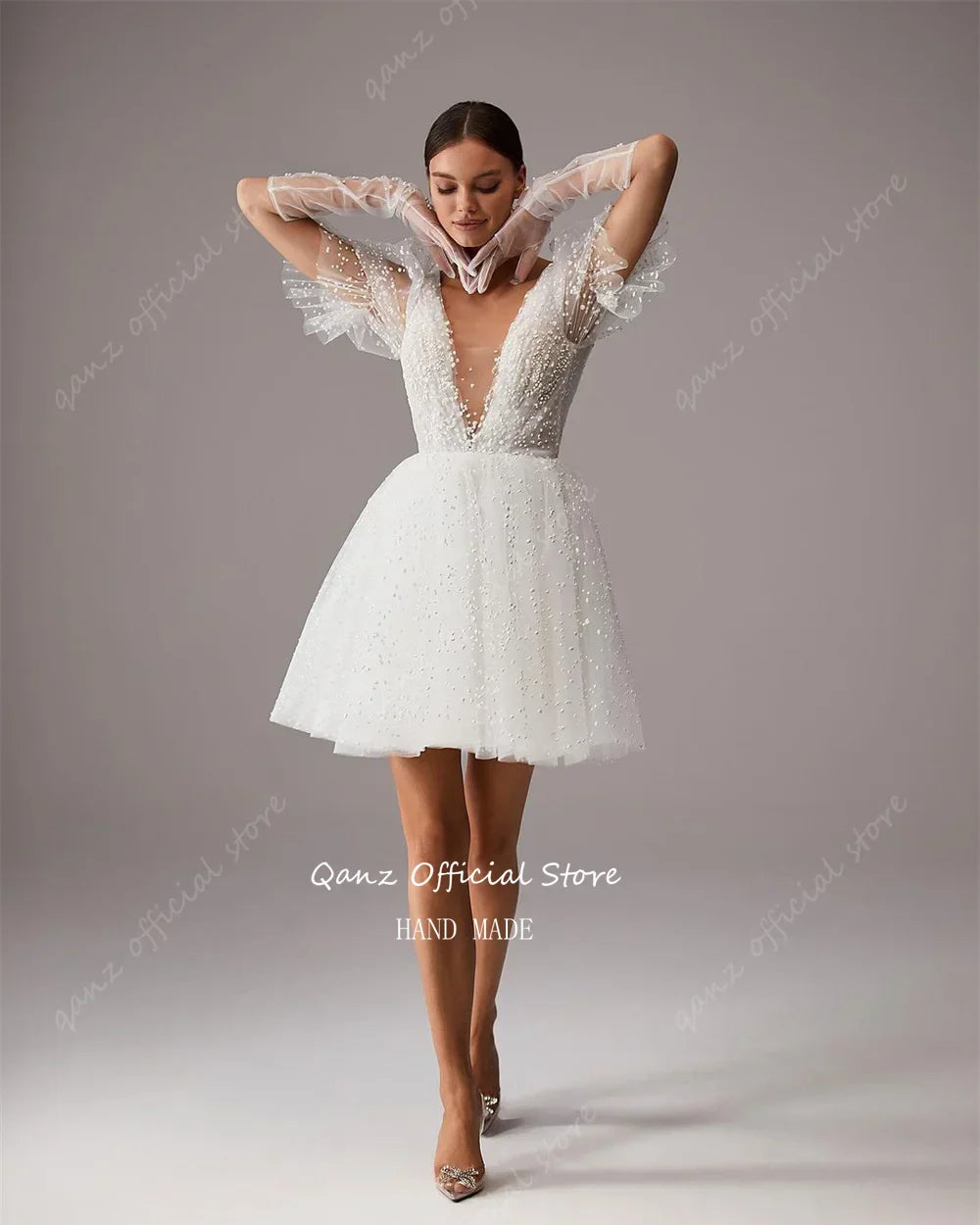 Qanz Boho Wedding Dresses Tulle Puff Sleeves Short Wedding Party Dress A Line Backlessdress Bride Birthday Dresses Luxur