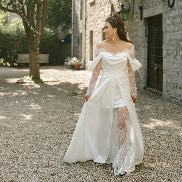 Customized Fallen Off Shoulder Long Sheer Lace Sleeves Wedding Dress Split Skirt A Line Flowy Satin Boho Simple Bridal Gowns