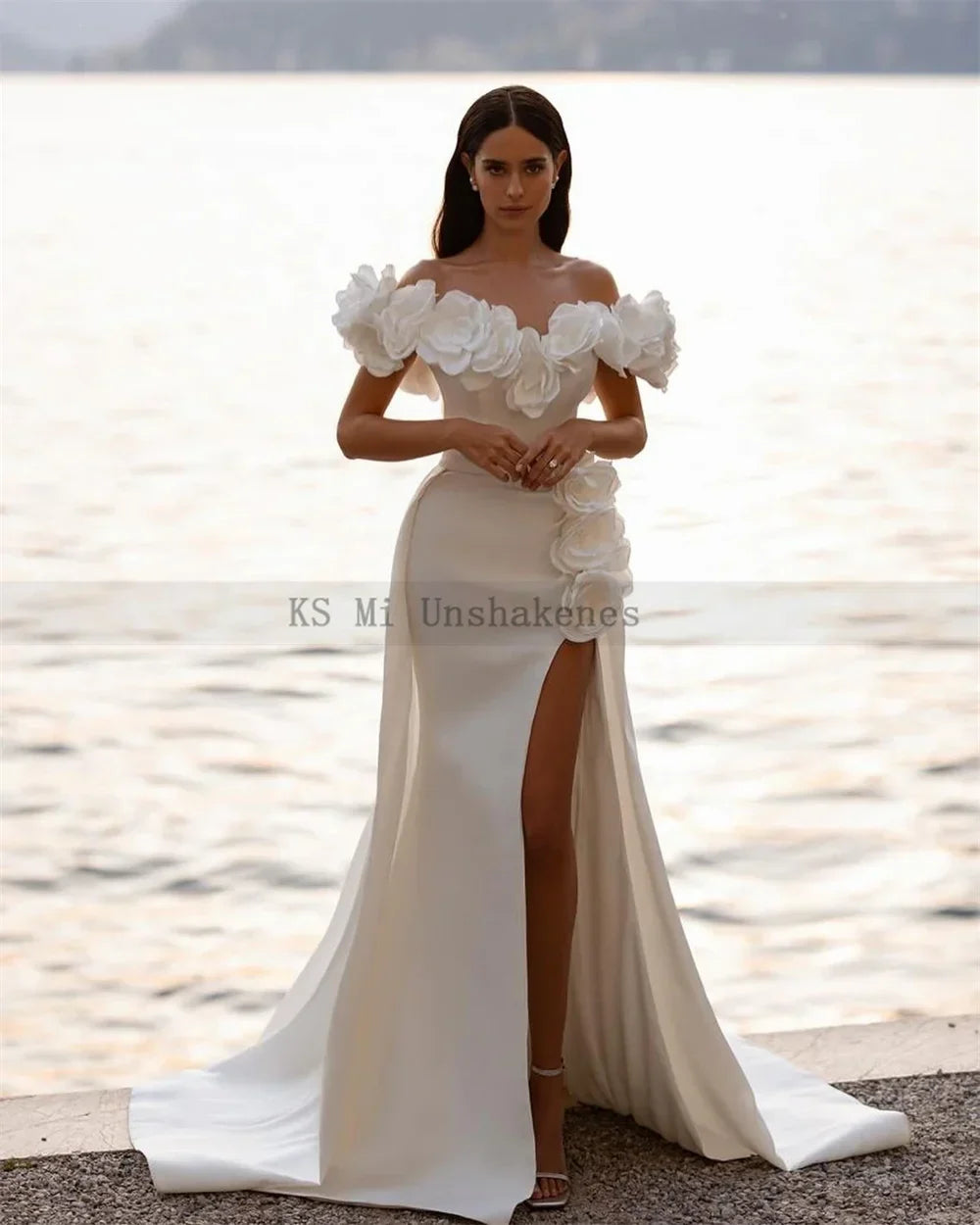 Sexy 3D Flowers Wedding Dresses Mermaid Bride Dress Detachable Train Wedding Gowns Split Side Off Shoulder Custom Made