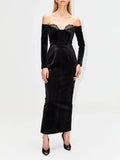 Long sleeves black velvet off-shoulder lace sexy bodycon patchwork elegant evening party dress side view