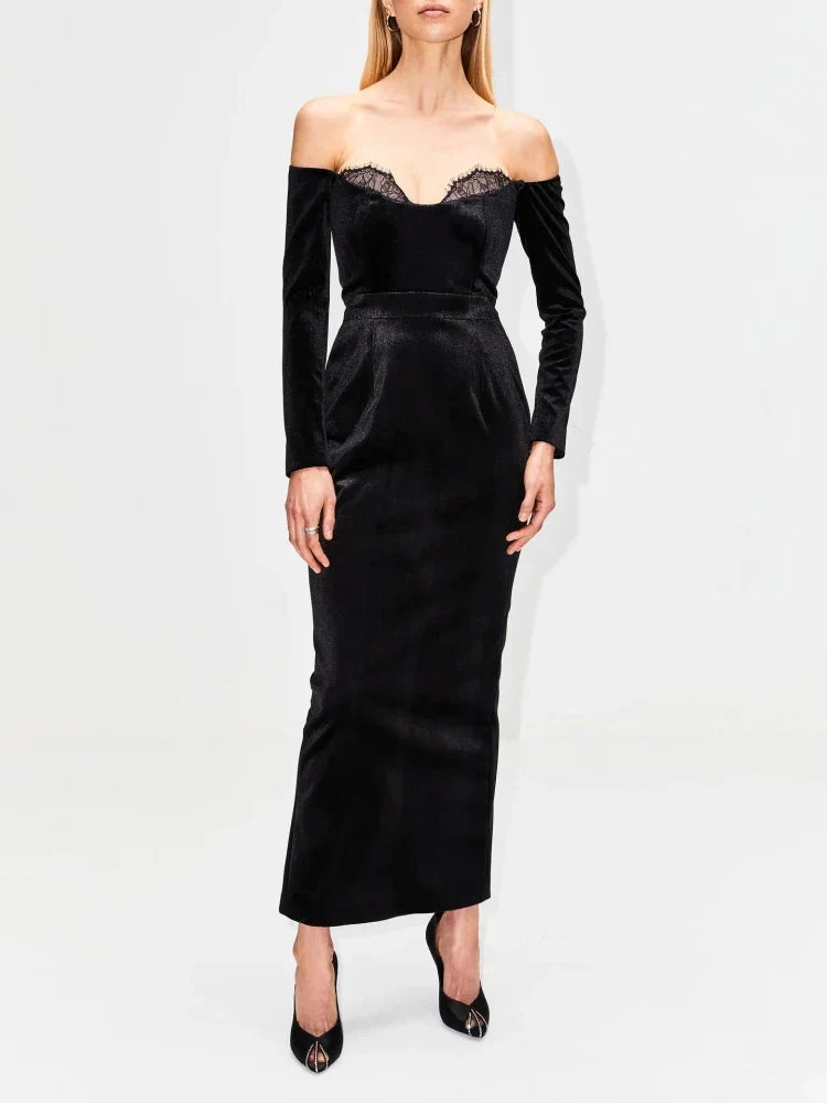 Long sleeves black velvet off-shoulder lace sexy bodycon patchwork elegant evening party dress side view