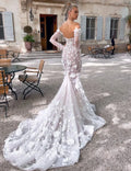 3D lace boho off-shoulder long sleeve mermaid elegant bridal gown detail