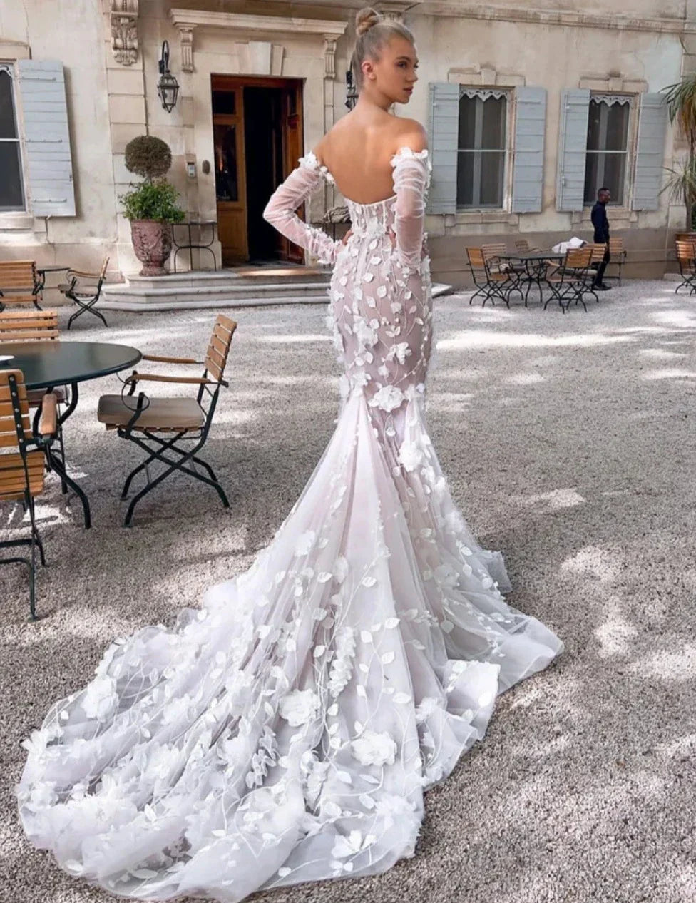 3D lace boho off-shoulder long sleeve mermaid elegant bridal gown detail