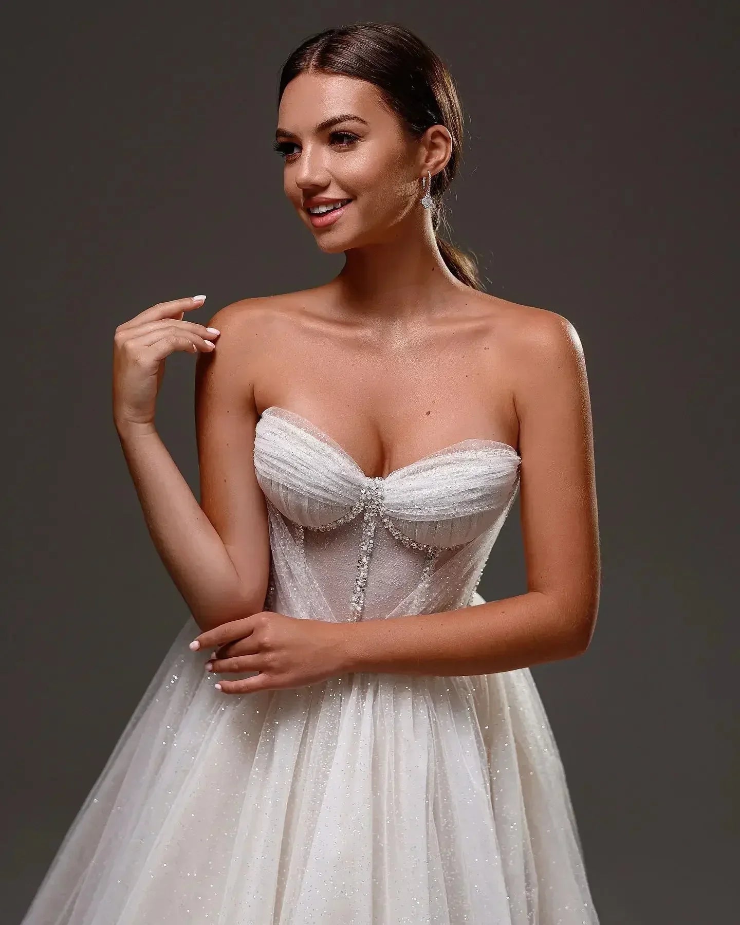 Luxurious women elegant dress wedding party special occasion long gown front view