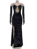 Celebrities luxury velvet diamonds sparkle heartbeat maxi evening dress gown glove rhinestones detail