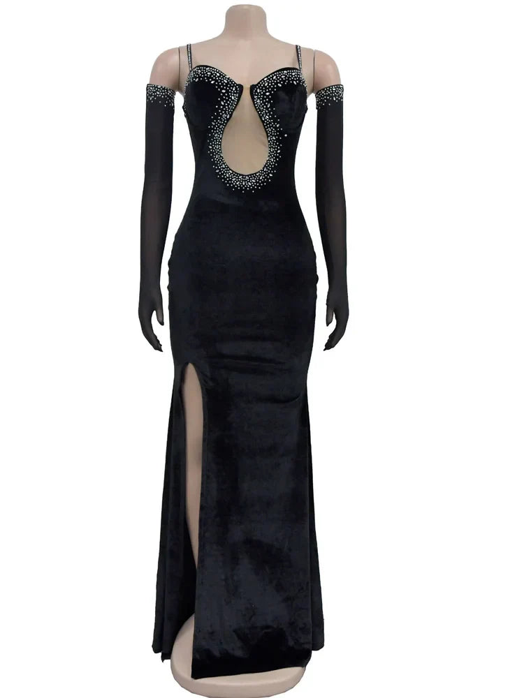 Celebrities luxury velvet diamonds sparkle heartbeat maxi evening dress gown glove rhinestones detail