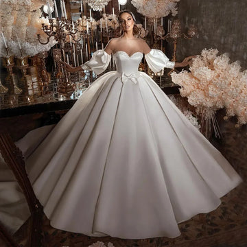 Luxury Women's Wedding dress Sexy sweetheart Bow A-line backless detachable seven-point sleeve floor-length beach party dress Champagne