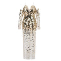 Long gold sequins off-shoulder mesh tassel sexy see-through evening prom club dress back view