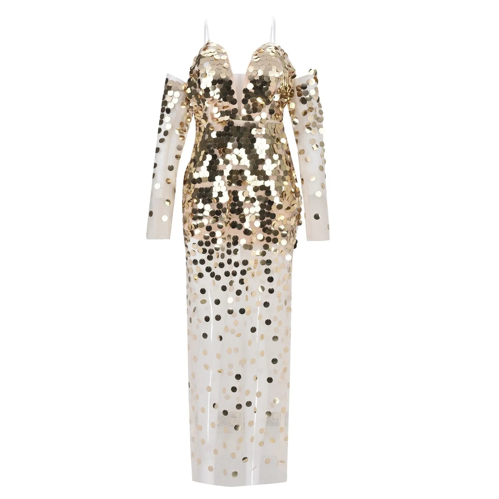 Long gold sequins off-shoulder mesh tassel sexy see-through evening prom club dress back view