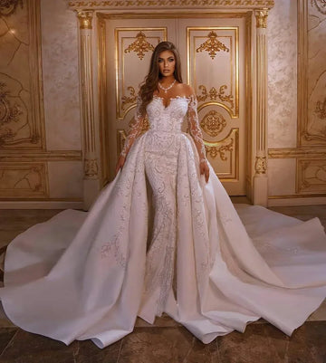 Customised Sexy Mermaid Satin Wedding Dresses With Detachable tail Applique Beading Lace Bridal Gowns Vestidos De Novia