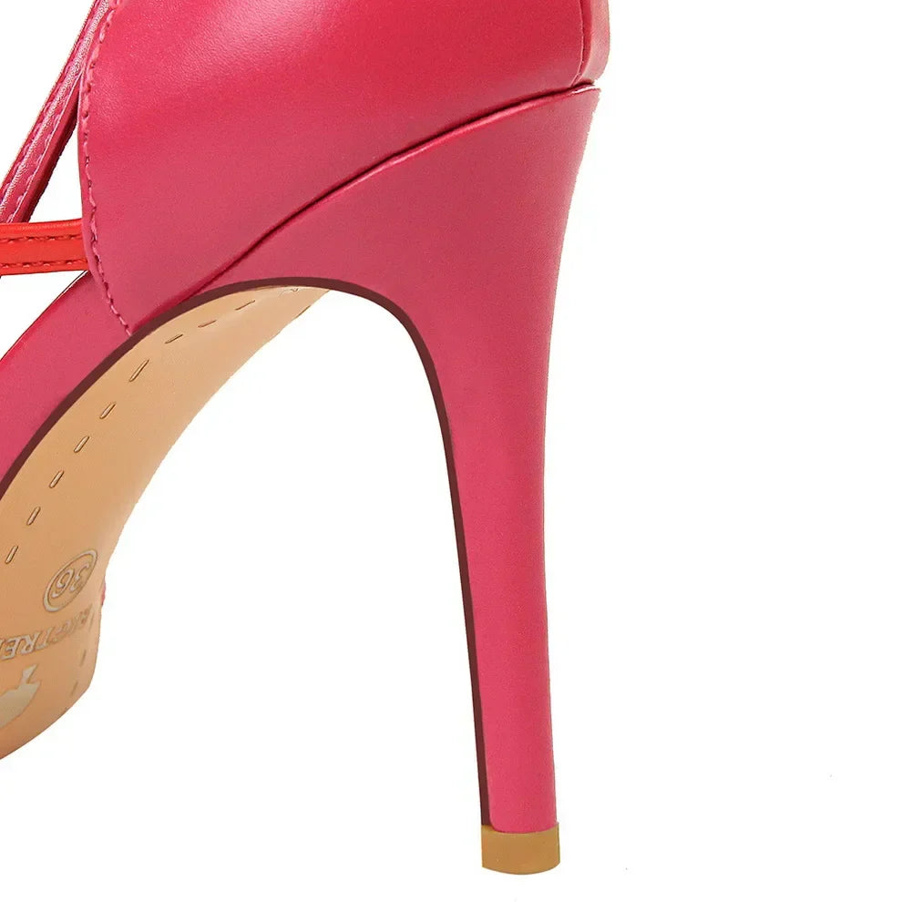 Women Summer 9.5cm High Heels Patchwork Sandals Sexy Yellow Peach Fetish Strap Stripper Pumps Scarpins Valentine Hollow Shoes