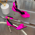 Summer runway satin crystal round heels ankle strap high heels studded sandals women close-up