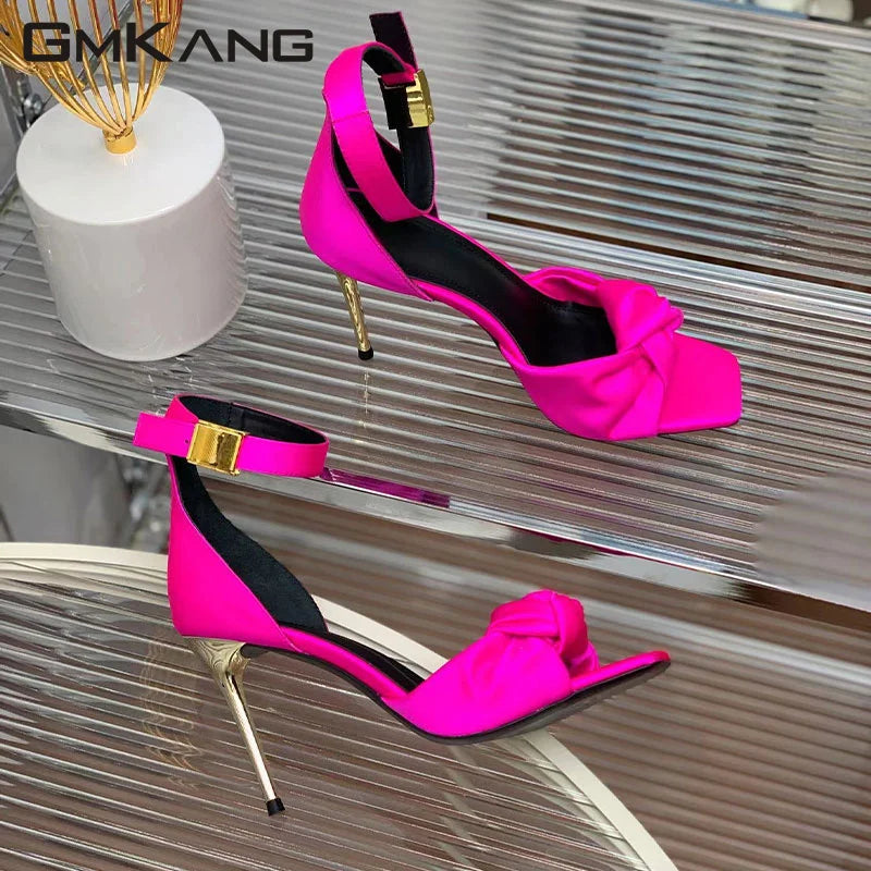 Summer runway satin crystal round heels ankle strap high heels studded sandals women close-up