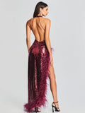 Sleeveless wine red sequin feather halter sexy high slit backless maxi long celebrity evening dress back view