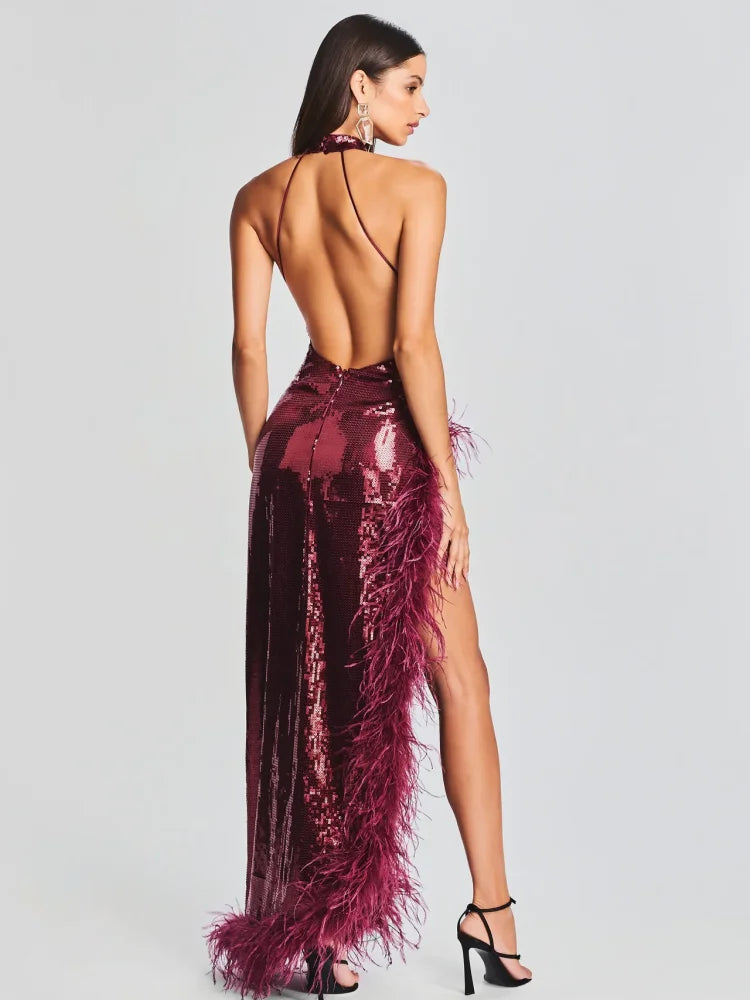 Sleeveless wine red sequin feather halter sexy high slit backless maxi long celebrity evening dress back view