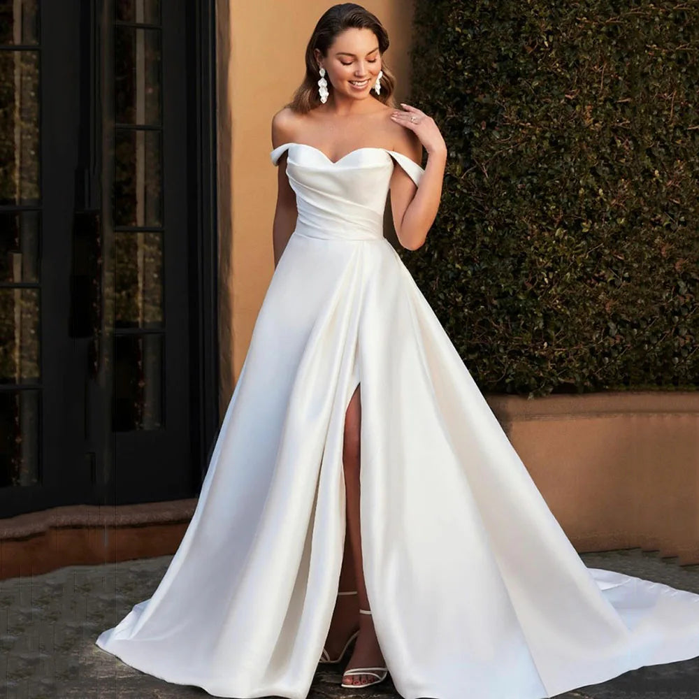Sexy satin off-shoulder A-line wedding dress side slit detail white ivory bridal gown