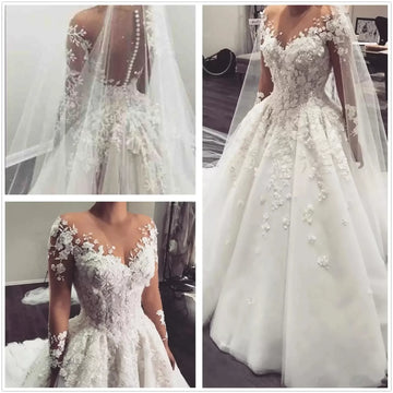 Custom Elegant Lace Arabic Sheer Long Sleeves Wedding Dresses Gown Tulle Applique 3D Floral Wedding Gowns With Buttons