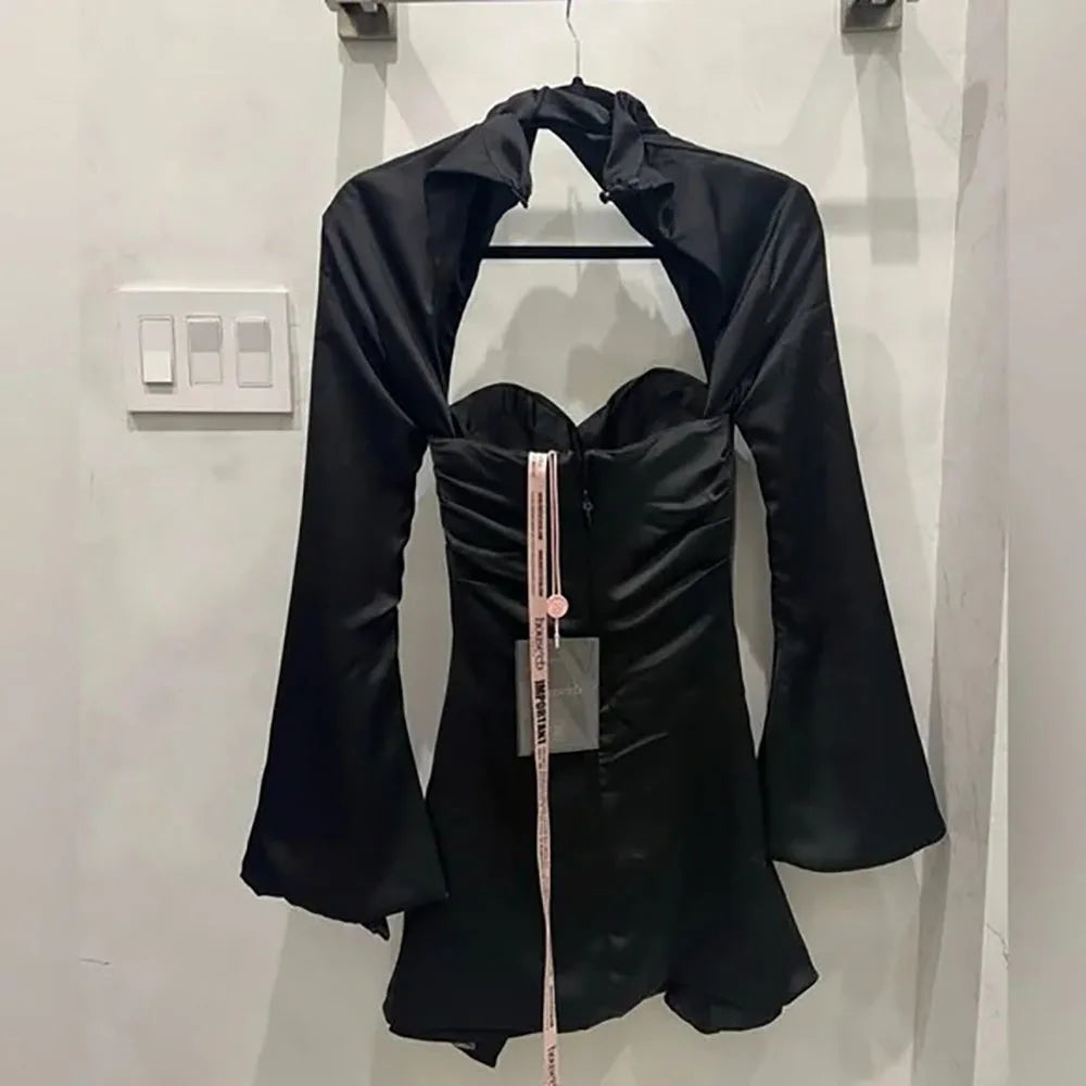 Customized Sexy Black Mini Party Dress Long Sleeve High Neck Backless Club Night Evening Gown for Women After Prom