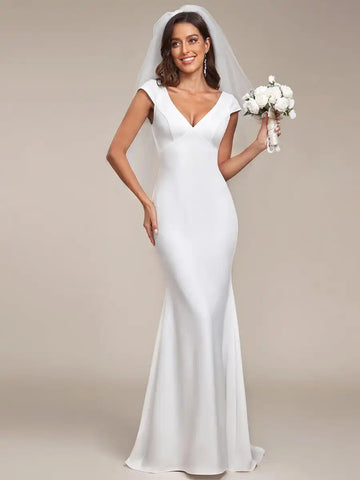Elegant Wedding Dresses Cap Sleeve Deep V-Neck Backless Ever Pretty 2024 of Mermaid A-line Fishtail White Dresses White