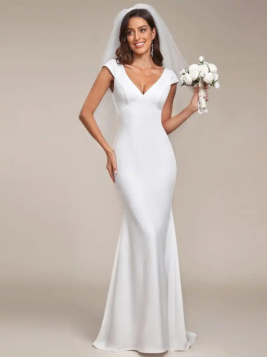 Elegant Wedding Dresses Cap Sleeve Deep V-Neck Backless Ever Pretty 2024 of Mermaid A-line Fishtail White Dresses White