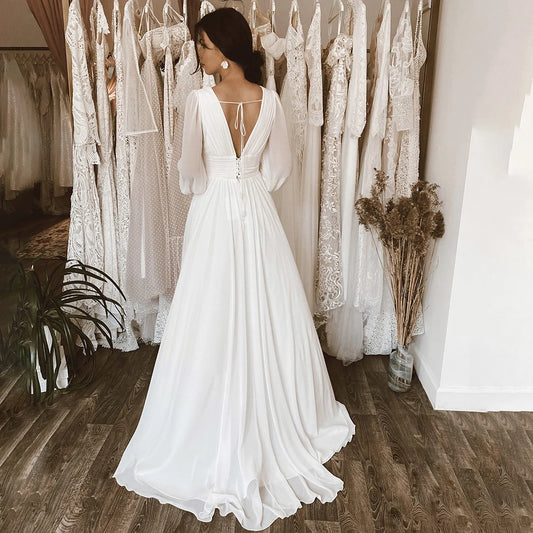 Customized Long Sleeves Ruched Chiffon V-Neck Wedding Dress Backless Lace Up A Line High Split Simple Pleated Bridal Gowns