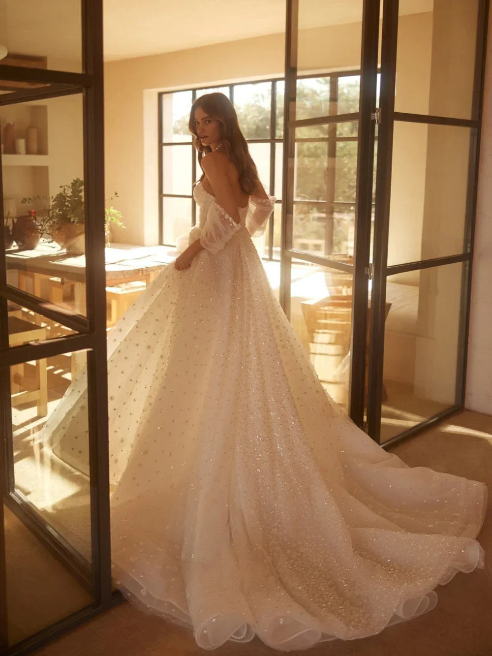Shinny Sequins Off The Shoulder Wedding Dress Romantic Sweetheart Neck Bride Robe Elegant A-line Long Bridal Gown - Image 4