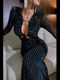 Mesh long sleeve hollow out sequins lace-up bodycon sexy party club maxi dress women ivory