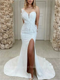 Graceful strapless beading mermaid wedding dress sexy side slit bridal gown custom made
