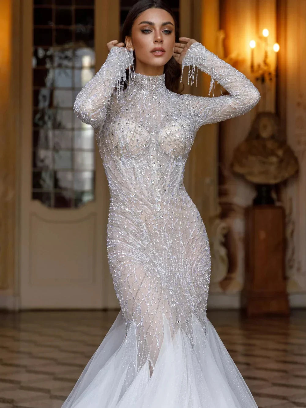 Modest High Collar Long Sleeve Wedding Dress Sparkly Sequins Crystal Bridal Gown Graceful Mermaid Bride Robe Vestidos De Novia