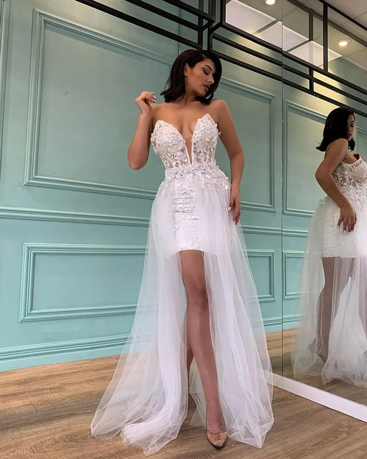 Stylish Sexy Short Sheath Beach Wedding Dresses Deep V Neck Bridal Gowns With Detachable Train Tulle Appliqued Vestido De Novia