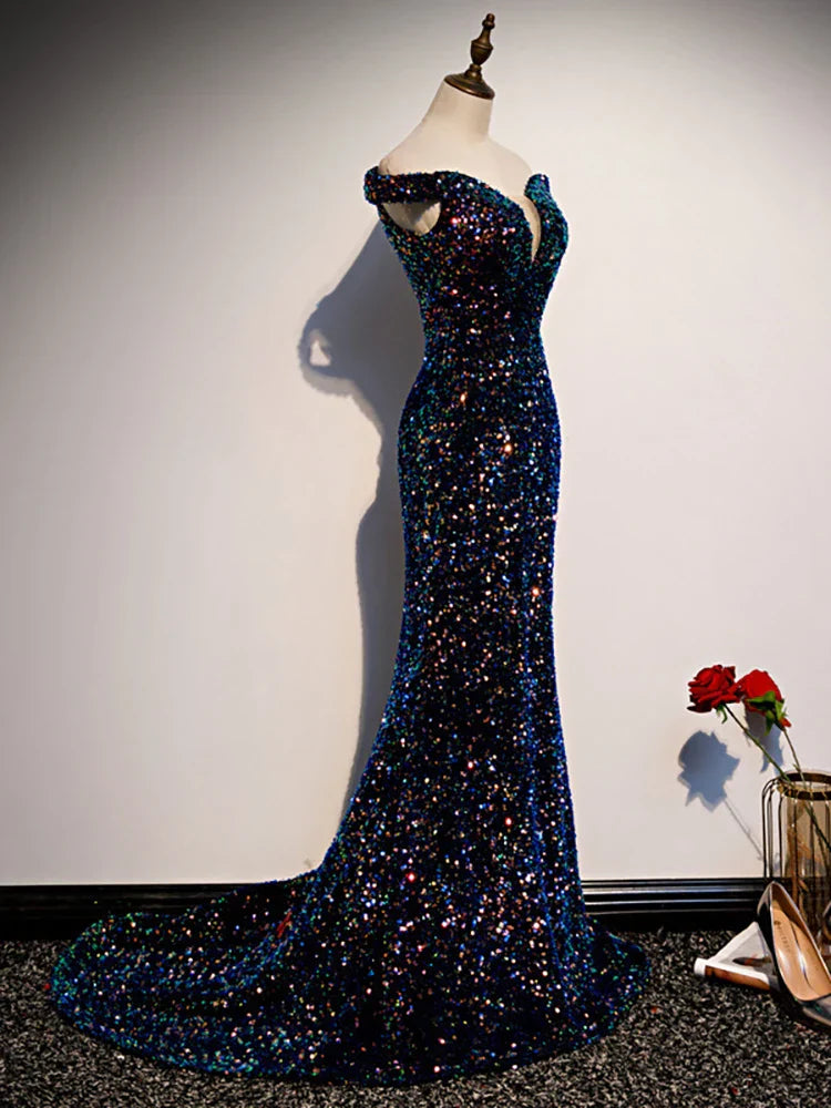 Elegant Evening Dresses for Women Luxury Shiny Party Long Gown  Sequins Even Robe Femme Wedding Off Shoulder Formal Vestido